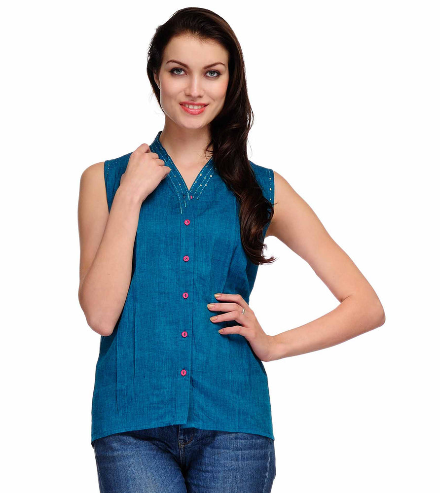 
                  
                    Teal Blue Handwoven Cotton Top
                  
                