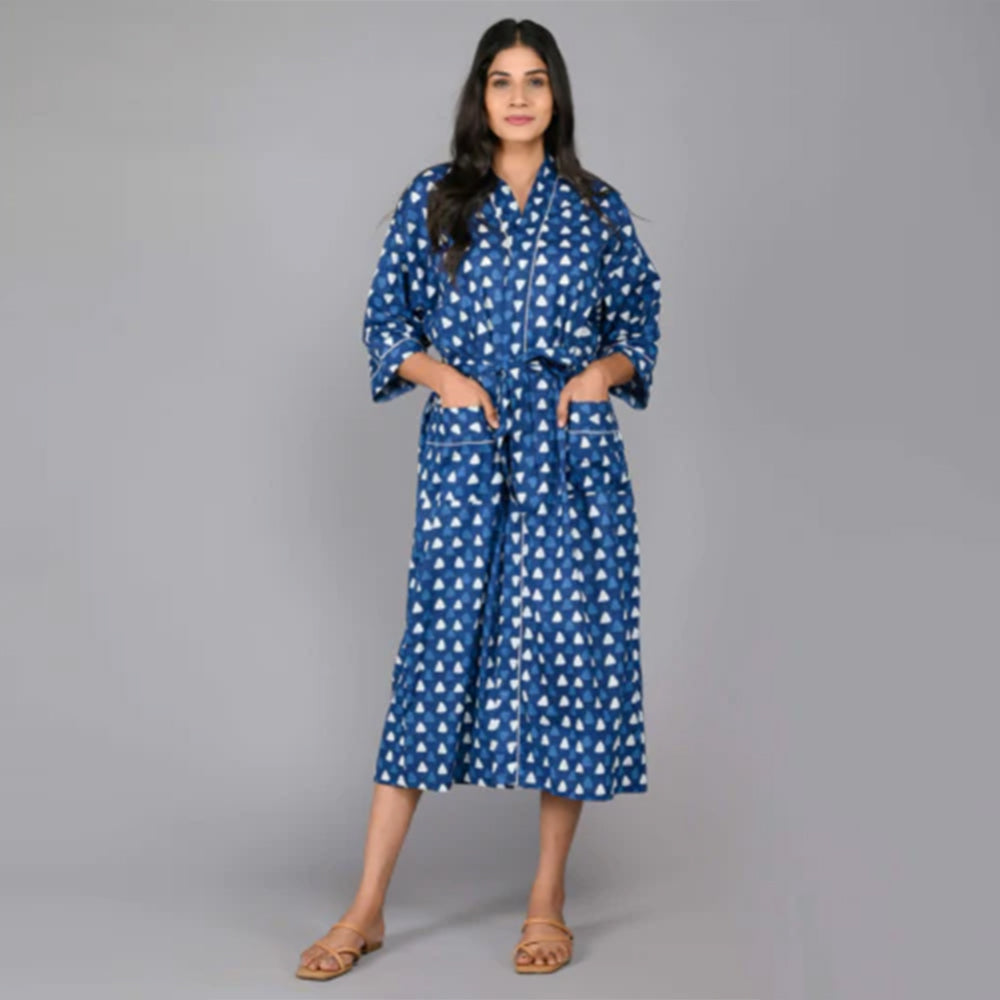 Geometric Pattern Kimono Robe Long Bathrobe For Women (Blue)