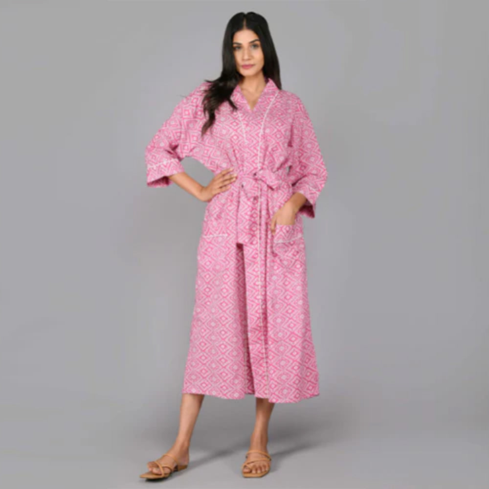 Geometric Pattern Kimono Robe Long Bathrobe For Women (Pink)
