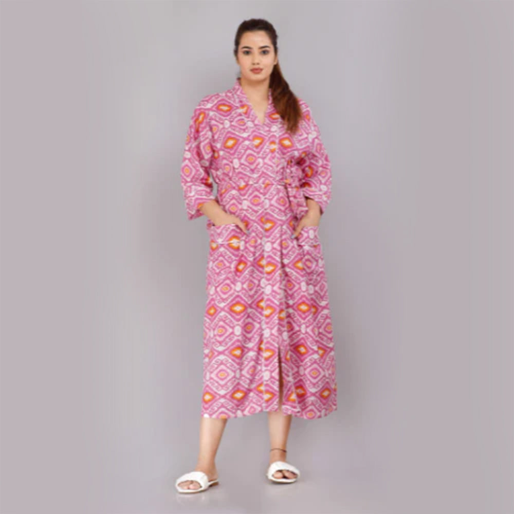 Geometric Pattern Kimono Robe Long Bathrobe For Women (Pink)