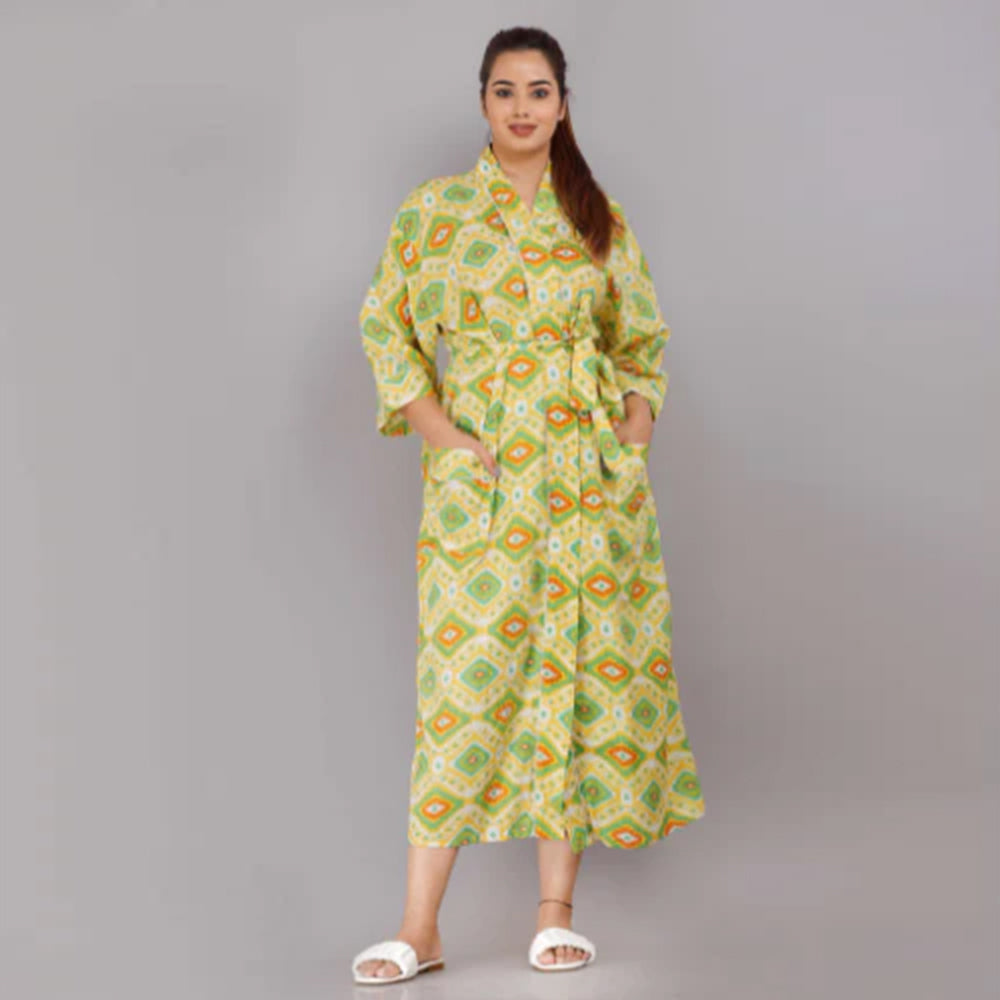 
                  
                    Geometric Pattern Kimono Robe Long Bathrobe For Women (Yellow)
                  
                