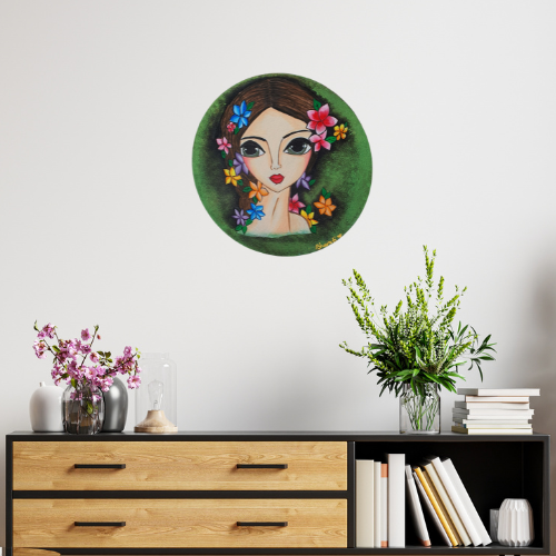 Green Big Eye Girl with Flowers Painting