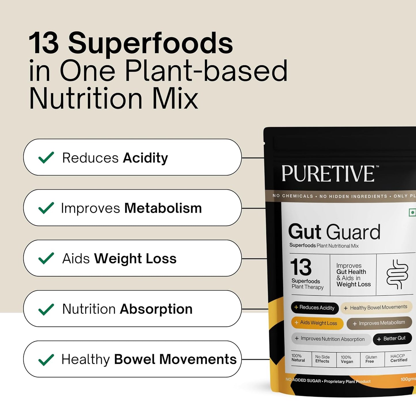 
                  
                    PURETIVE | Gut Guard Plant Nutritional Mix | 100% Plant Based | For Good Gut Health | Prevents Acidity, Bloating, Indigestion & Discomfort | Aids in Weight Loss I 100g
                  
                