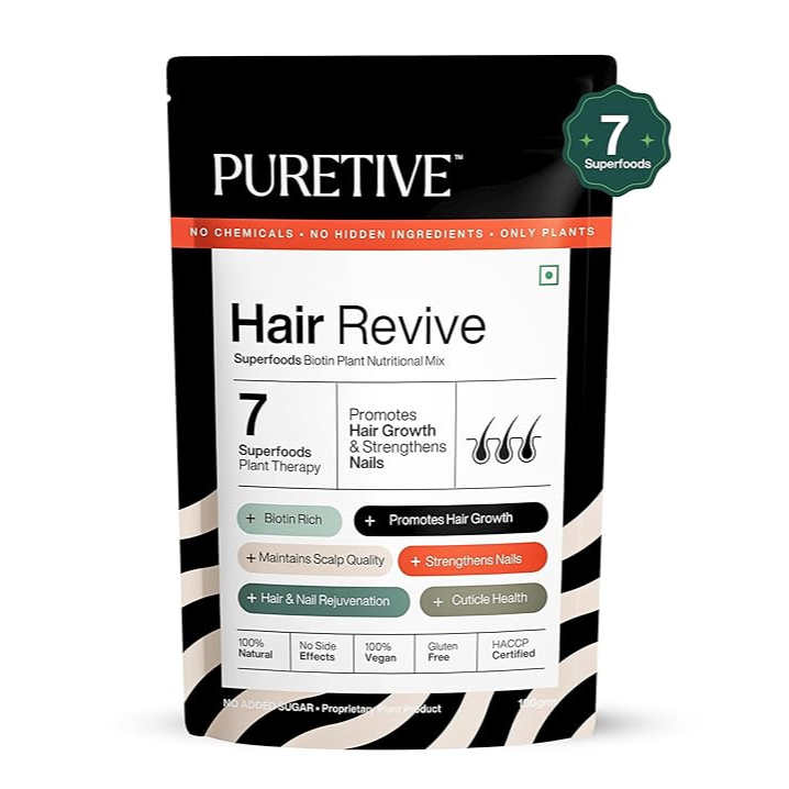 
                  
                    PURETIVE | Hair Revive Biotin-Rich Plant Nutritional Mix | 100% Plant Based (100g) | For radiant skin | Prevents dull skin, brittle nails, hair loss, joint discomfort | Improves Skin Texture
                  
                