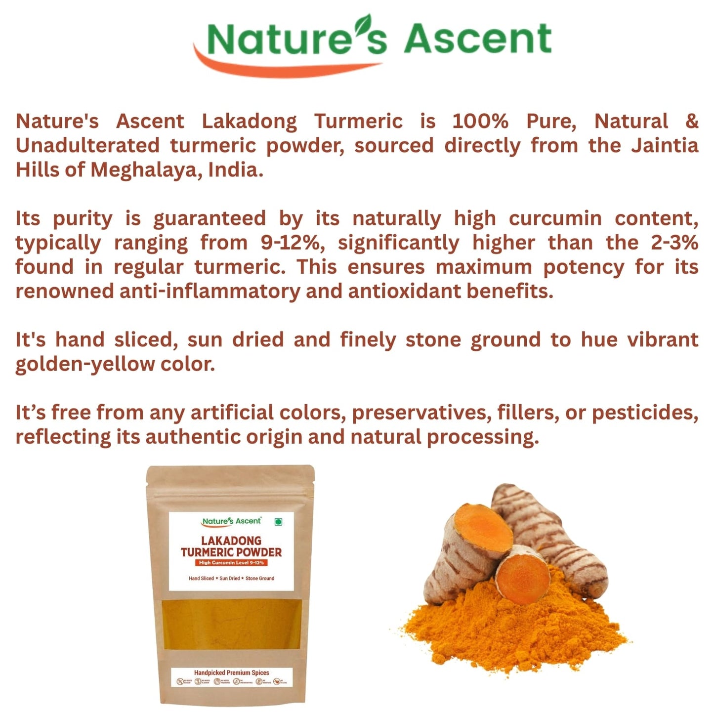 
                  
                    Nature’s Ascent Pure Lakadong Turmeric Powder - High Curcumin (9-12%) | Organically Grown | Strong Aroma & Bright Color | Sourced from Meghalaya (500gm)
                  
                