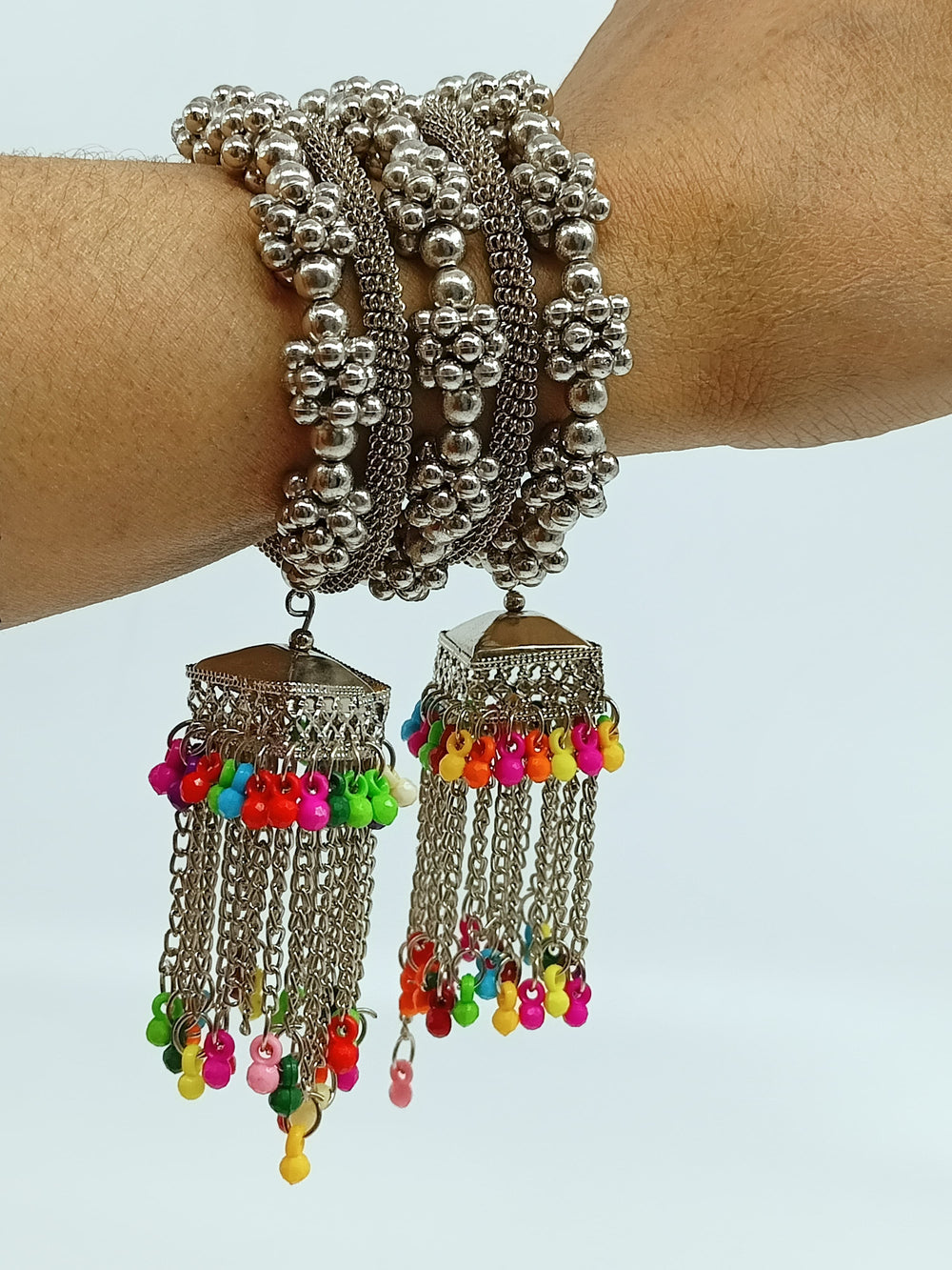Oxidized Silver Tone Tribal Bangle Set with Colorful Bead & Chain Jhumkis - Set of 2