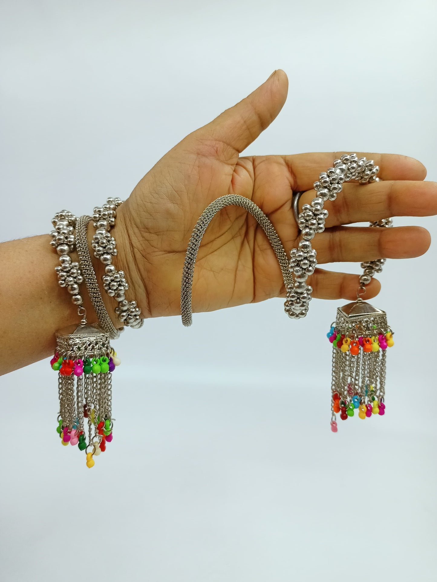 
                  
                    Oxidized Silver Tone Tribal Bangle Set with Colorful Bead & Chain Jhumkis - Set of 2
                  
                