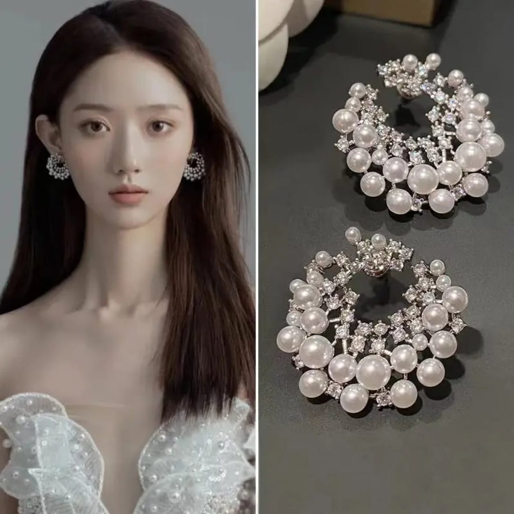 Luxurious Pearl and American Diamond Stud Earrings - Bridal & Occasion Wear