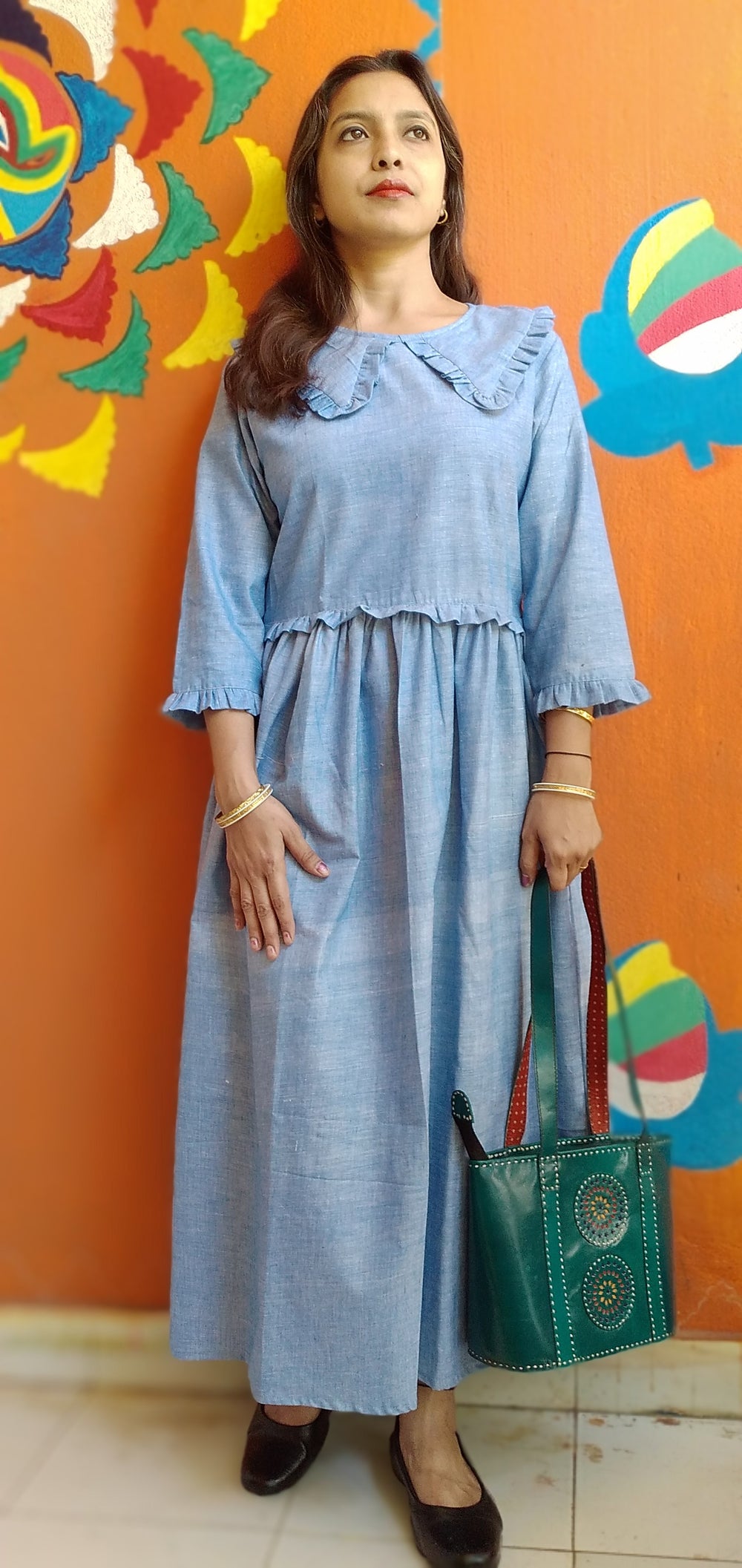 SERENE VIBES – Frilled ,Washed Blue shade shirt Collared ,high Waist Summer Dress