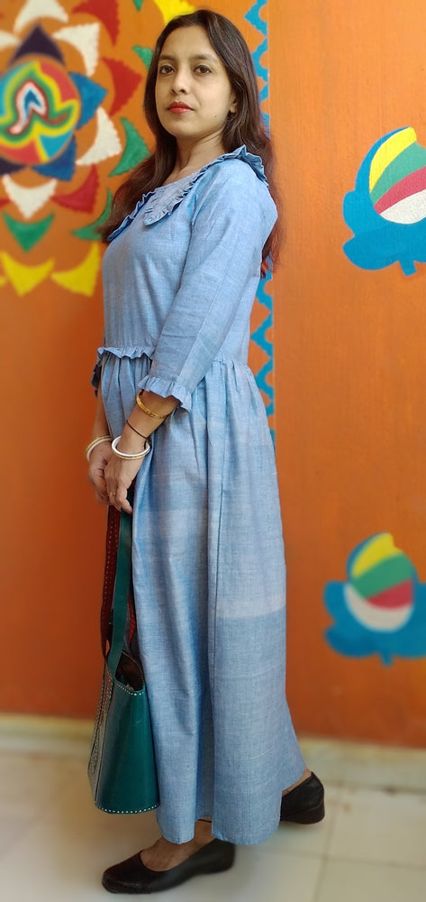 
                  
                    SERENE VIBES – Frilled ,Washed Blue shade shirt Collared ,high Waist Summer Dress
                  
                