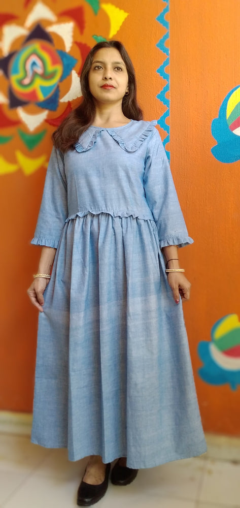 
                  
                    SERENE VIBES – Frilled ,Washed Blue shade shirt Collared ,high Waist Summer Dress
                  
                