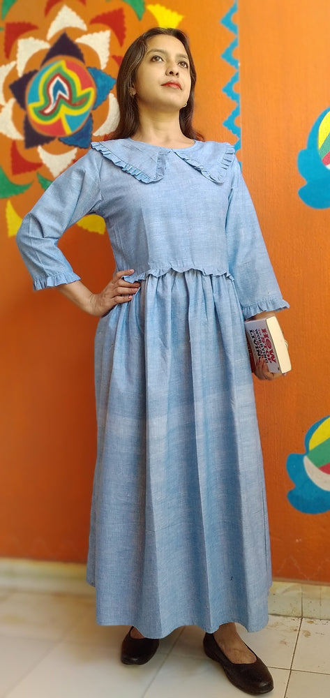 
                  
                    SERENE VIBES – Frilled ,Washed Blue shade shirt Collared ,high Waist Summer Dress
                  
                