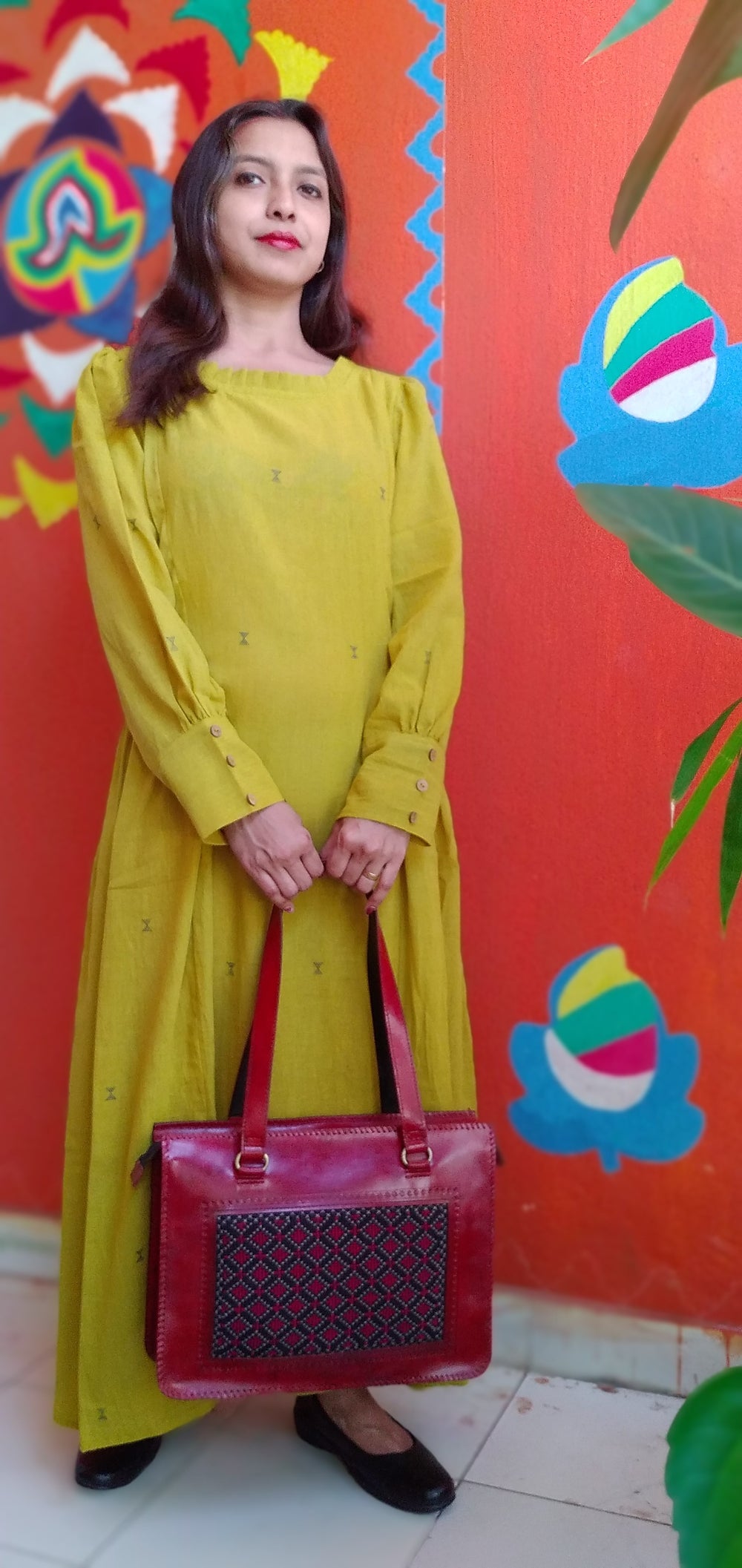 MONOLOGUE, - Chrome Yellow -Pleated Round-Neck ,long Sleeved,Fit & Flare Dress