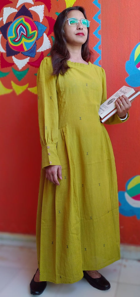 
                  
                    MONOLOGUE, - Chrome Yellow -Pleated Round-Neck ,long Sleeved,Fit & Flare Dress
                  
                
