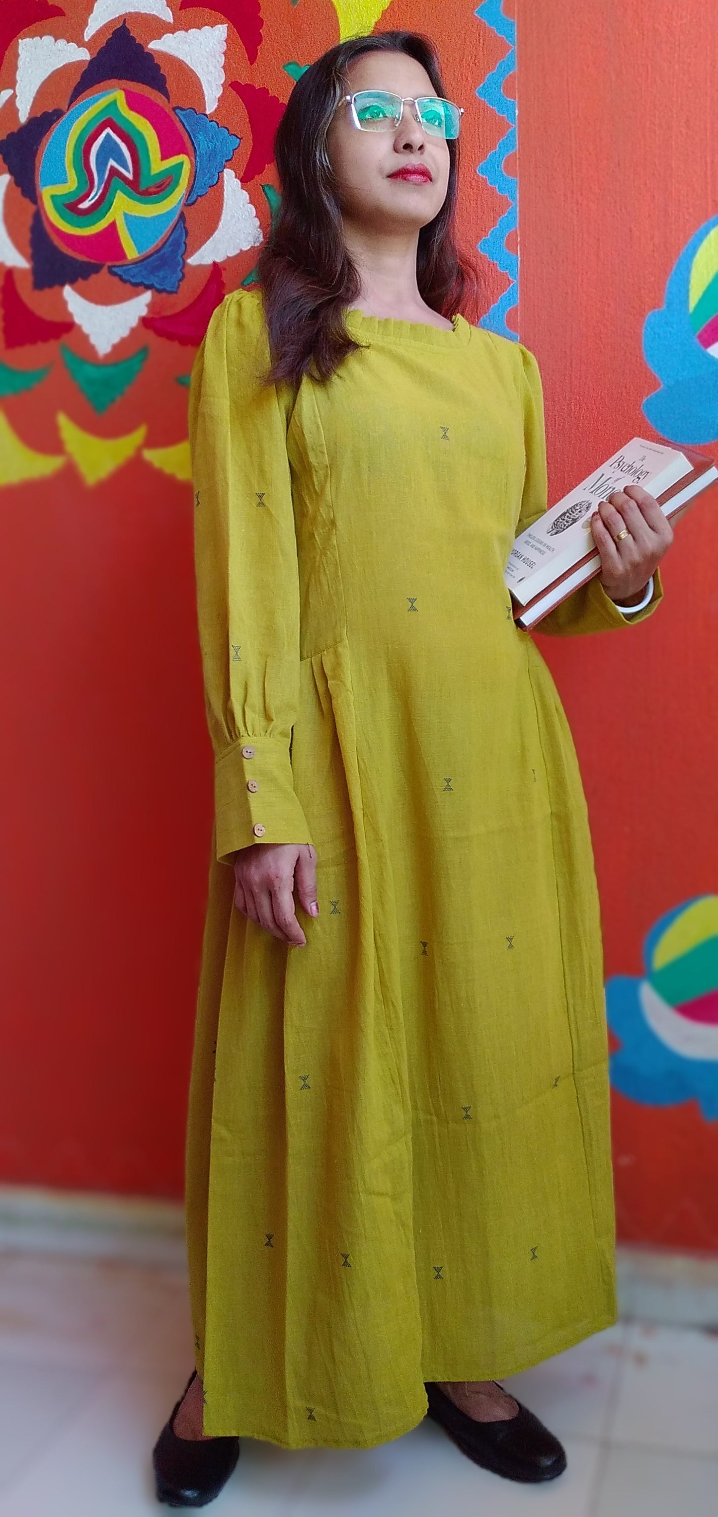 
                  
                    MONOLOGUE, - Chrome Yellow -Pleated Round-Neck ,long Sleeved,Fit & Flare Dress
                  
                