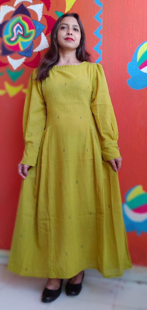 
                  
                    MONOLOGUE, - Chrome Yellow -Pleated Round-Neck ,long Sleeved,Fit & Flare Dress
                  
                