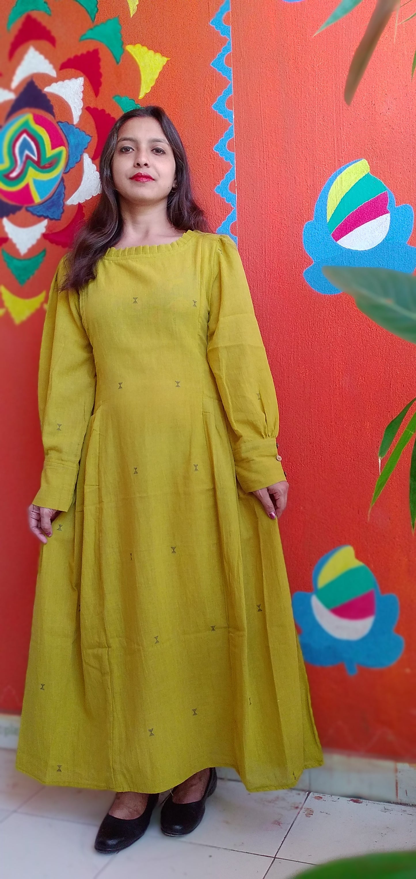 
                  
                    MONOLOGUE, - Chrome Yellow -Pleated Round-Neck ,long Sleeved,Fit & Flare Dress
                  
                