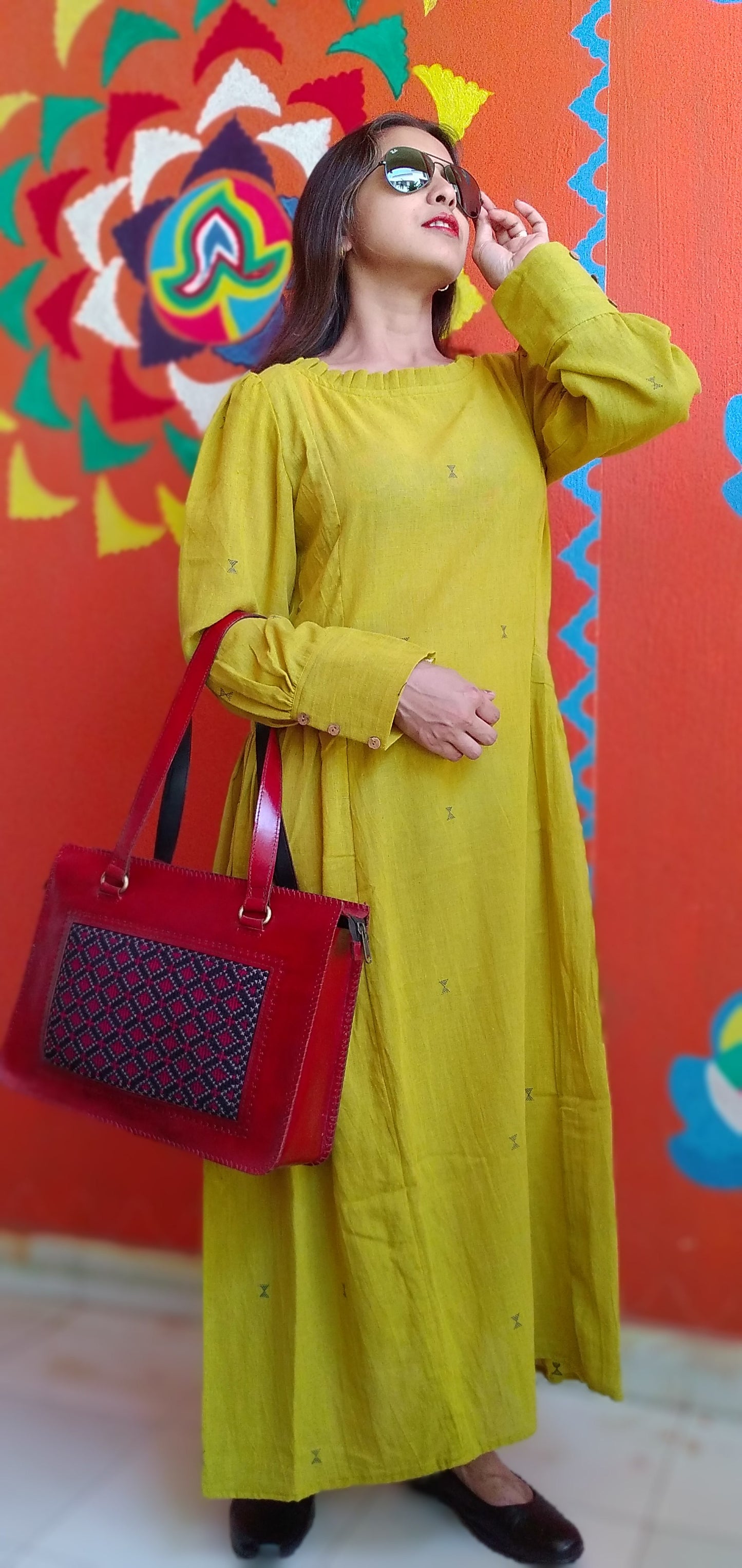 
                  
                    MONOLOGUE, - Chrome Yellow -Pleated Round-Neck ,long Sleeved,Fit & Flare Dress
                  
                