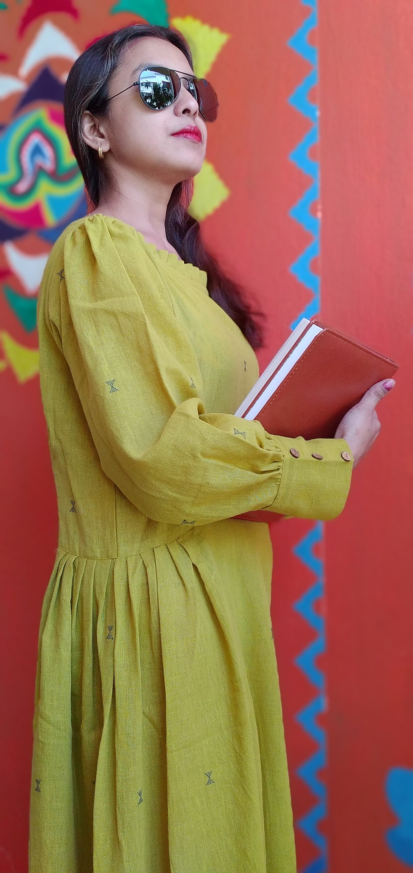 
                  
                    MONOLOGUE, - Chrome Yellow -Pleated Round-Neck ,long Sleeved,Fit & Flare Dress
                  
                
