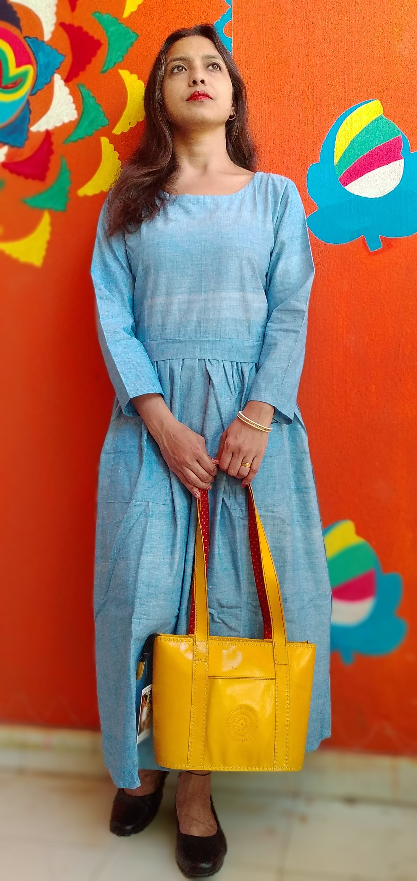 
                  
                    IBIZA PULSE – Fit & Flare Midi side button down Maxi dress with square Neckline, long sleeves and patch pocket
                  
                
