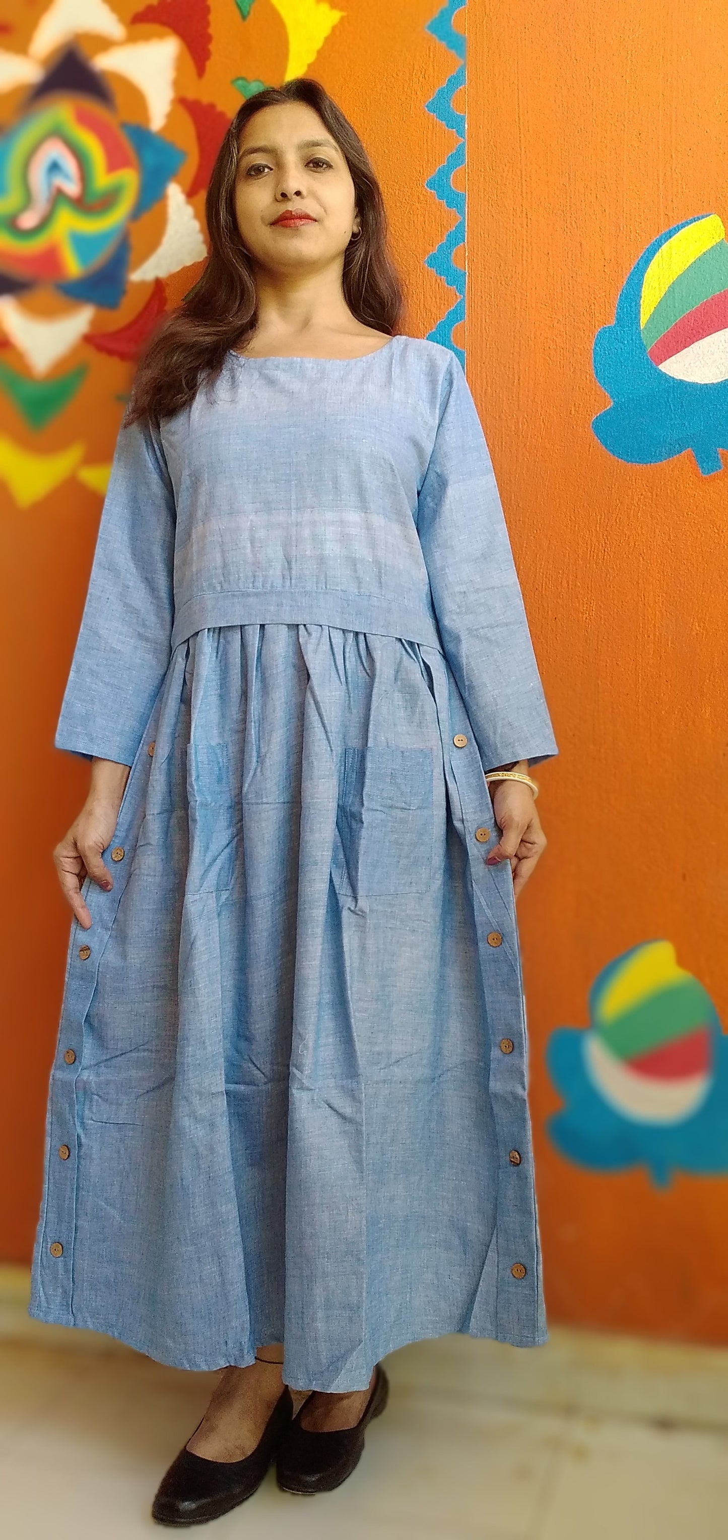 
                  
                    IBIZA PULSE – Fit & Flare Midi side button down Maxi dress with square Neckline, long sleeves and patch pocket
                  
                