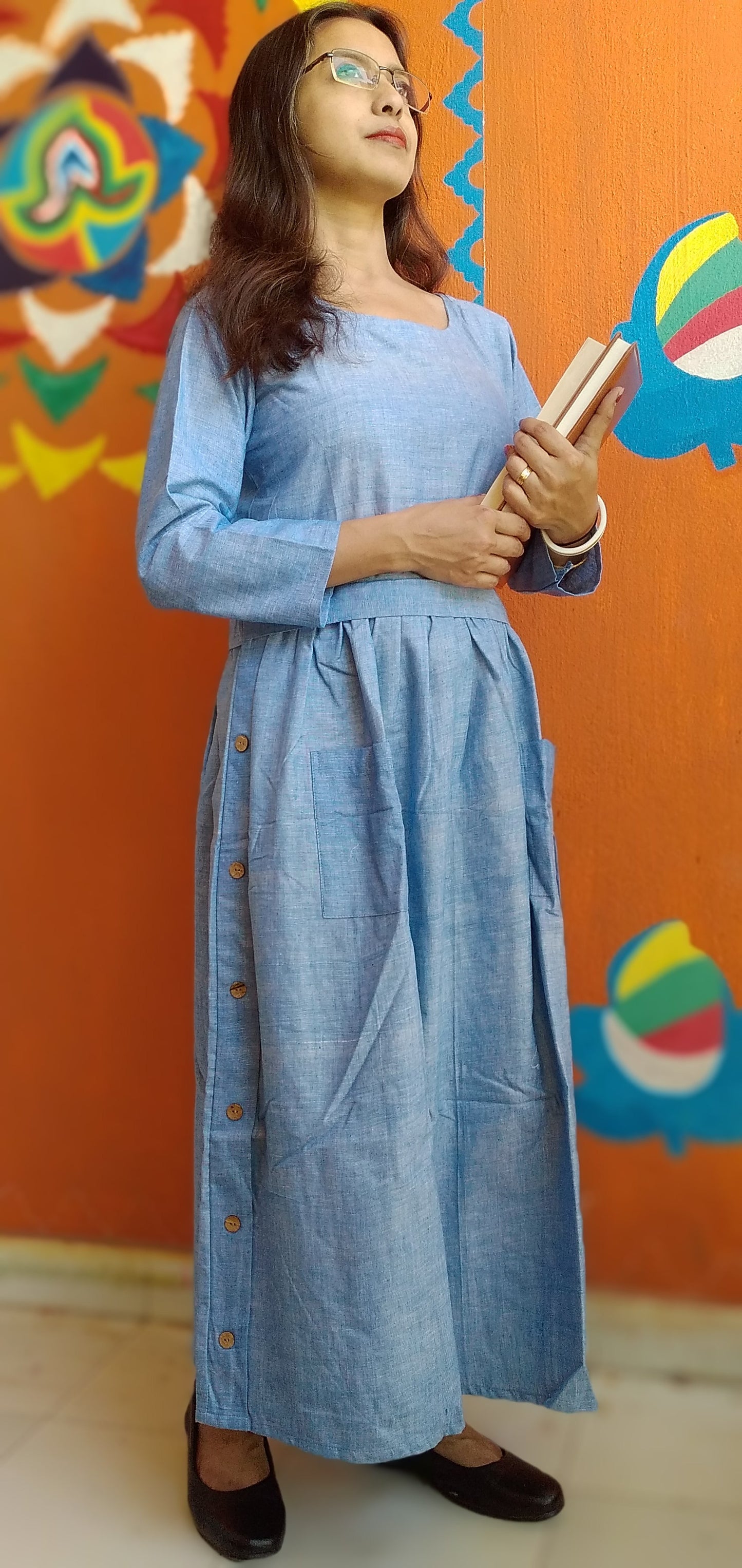 
                  
                    IBIZA PULSE – Fit & Flare Midi side button down Maxi dress with square Neckline, long sleeves and patch pocket
                  
                
