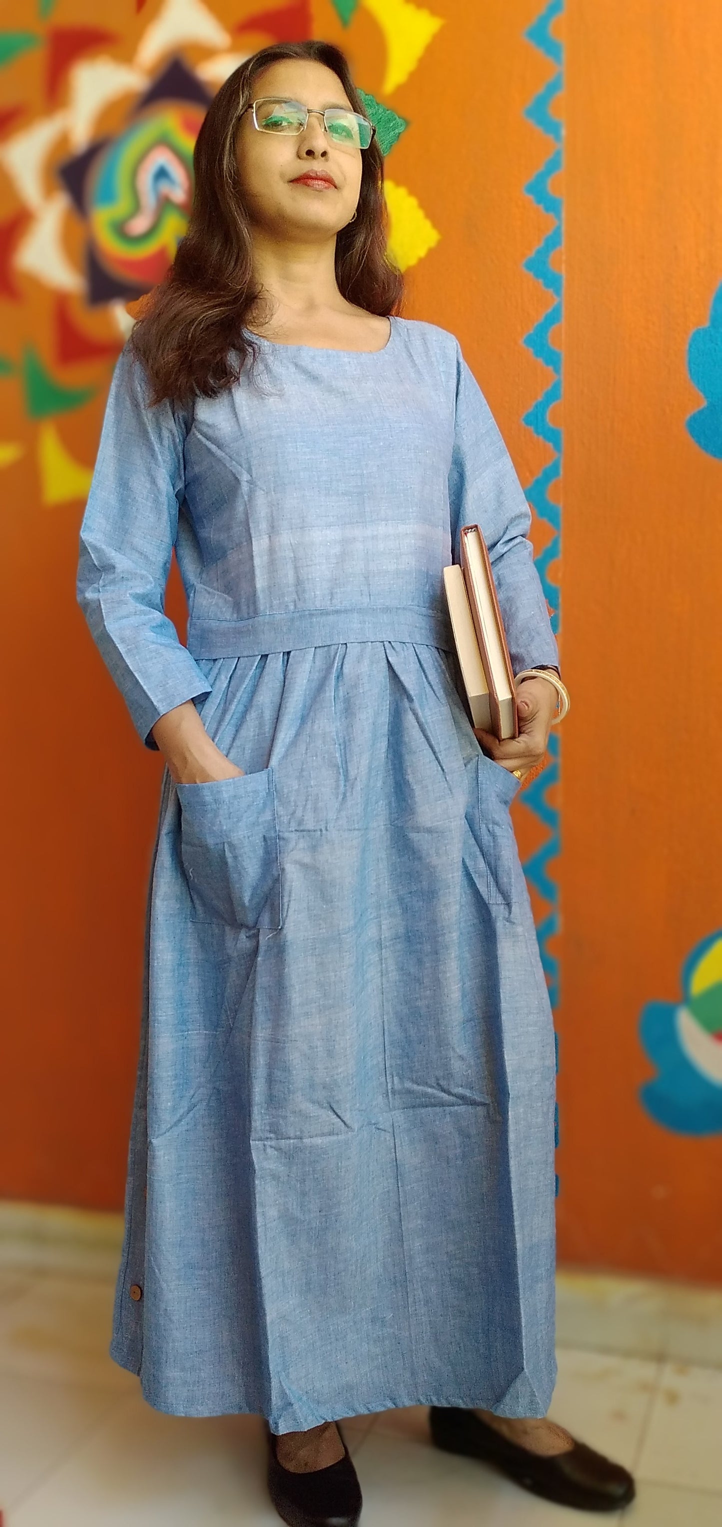 
                  
                    IBIZA PULSE – Fit & Flare Midi side button down Maxi dress with square Neckline, long sleeves and patch pocket
                  
                