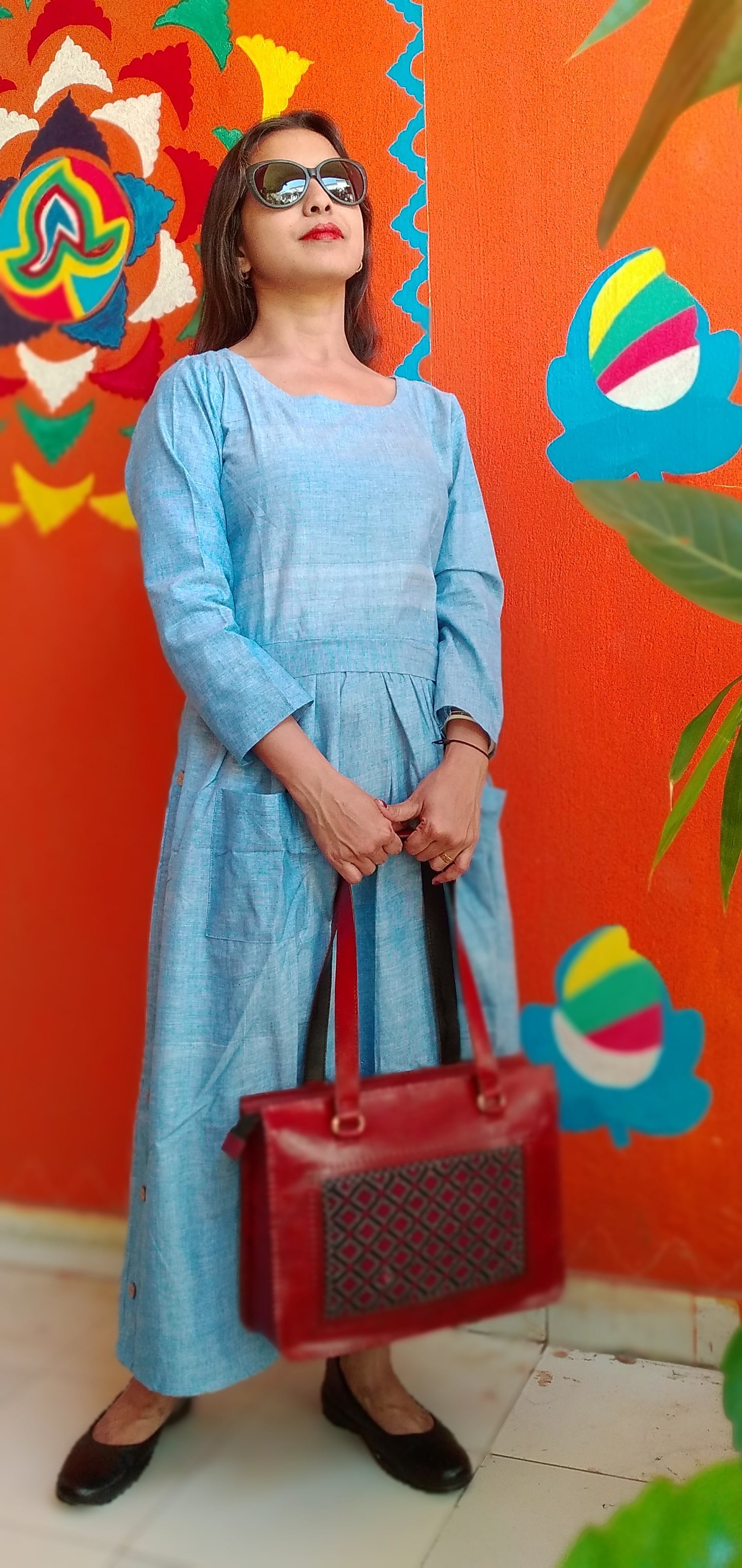 
                  
                    IBIZA PULSE – Fit & Flare Midi side button down Maxi dress with square Neckline, long sleeves and patch pocket
                  
                