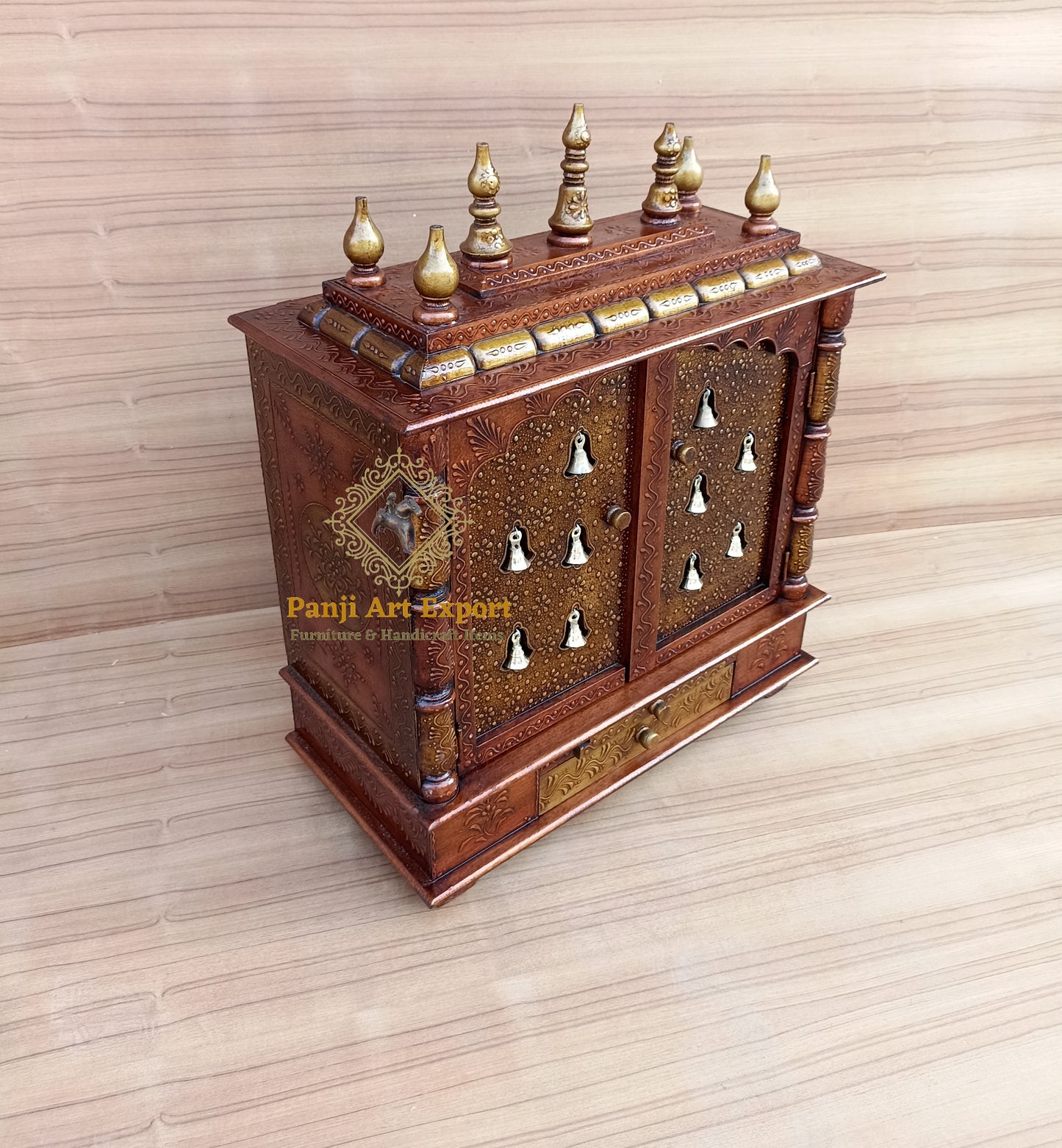 
                  
                    Wooden Temple Mandir with Copper Gold Embossed Work | Handcrafted Pooja Ghar for Home & Office Decor Handicraft India Art
                  
                