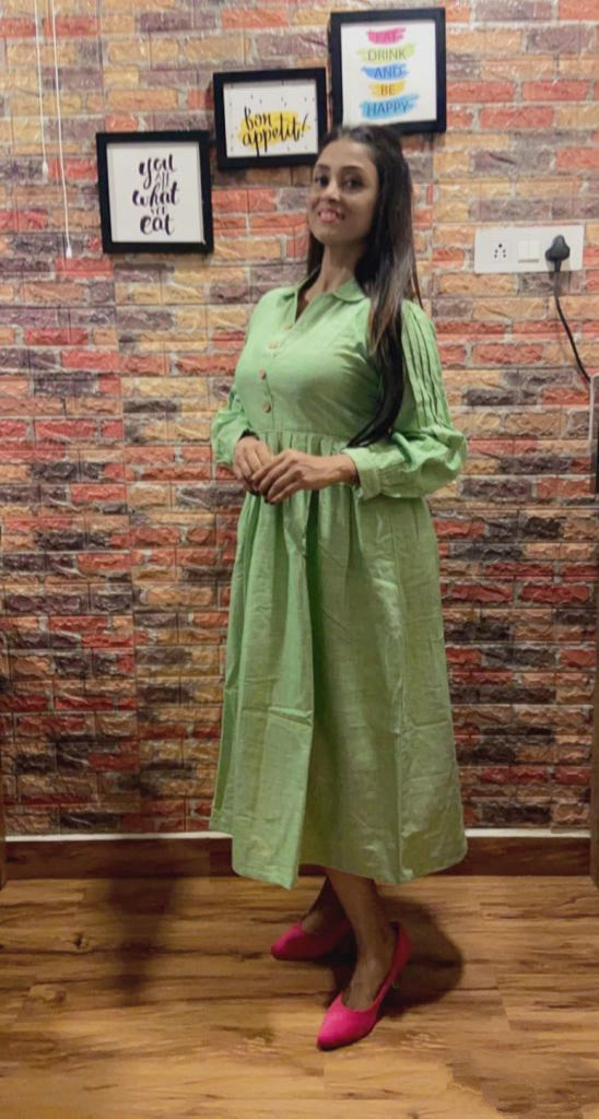 JADE – Handcrafted Shirt Collared ,Button down Pleated Full Sleeved Wrap Maxi Dress