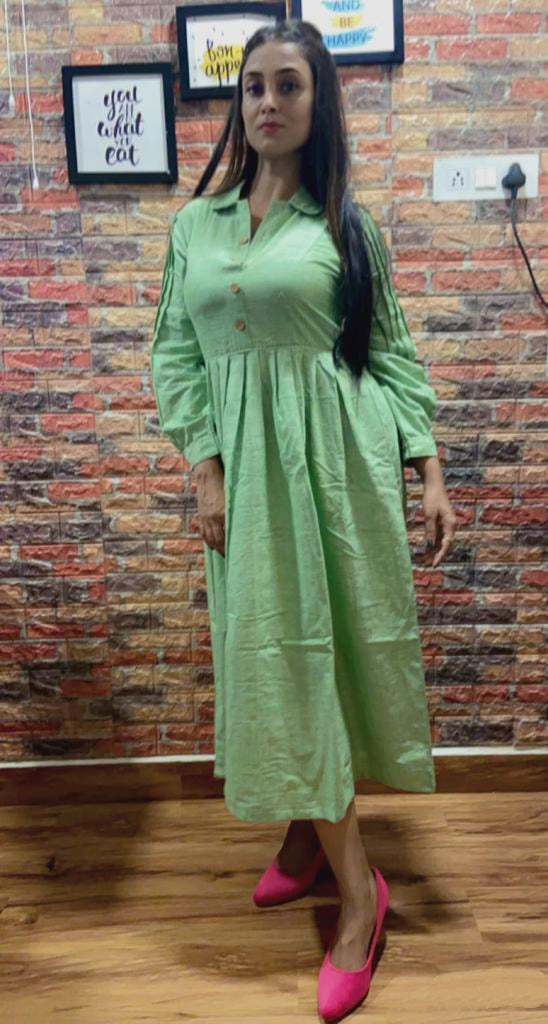 
                  
                    JADE – Handcrafted Shirt Collared ,Button down Pleated Full Sleeved Wrap Maxi Dress
                  
                