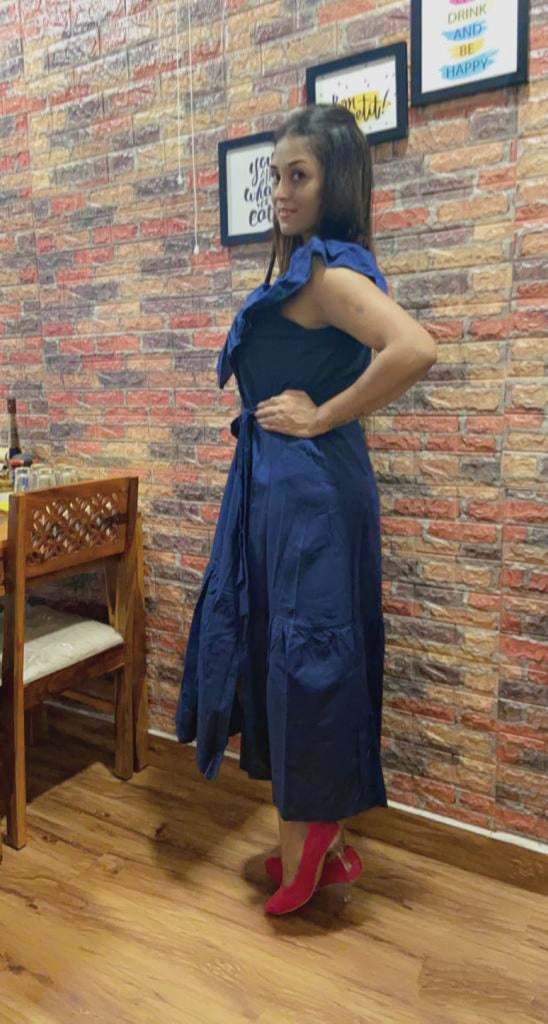 
                  
                    WHISPERS – Sleeveless INDIGO A-Linemaxi Solid Dress with Frilled Flared Collar
                  
                