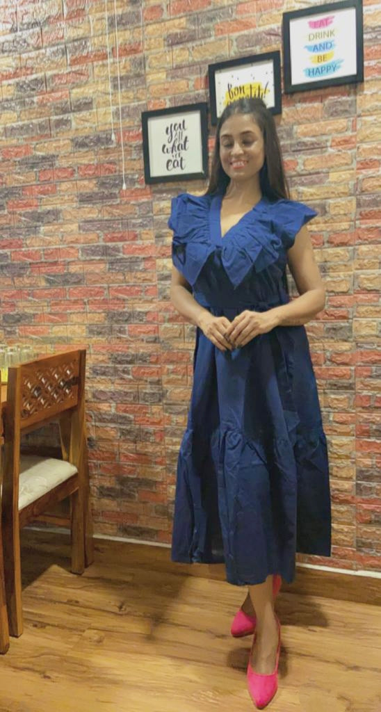 
                  
                    WHISPERS – Sleeveless INDIGO A-Linemaxi Solid Dress with Frilled Flared Collar
                  
                