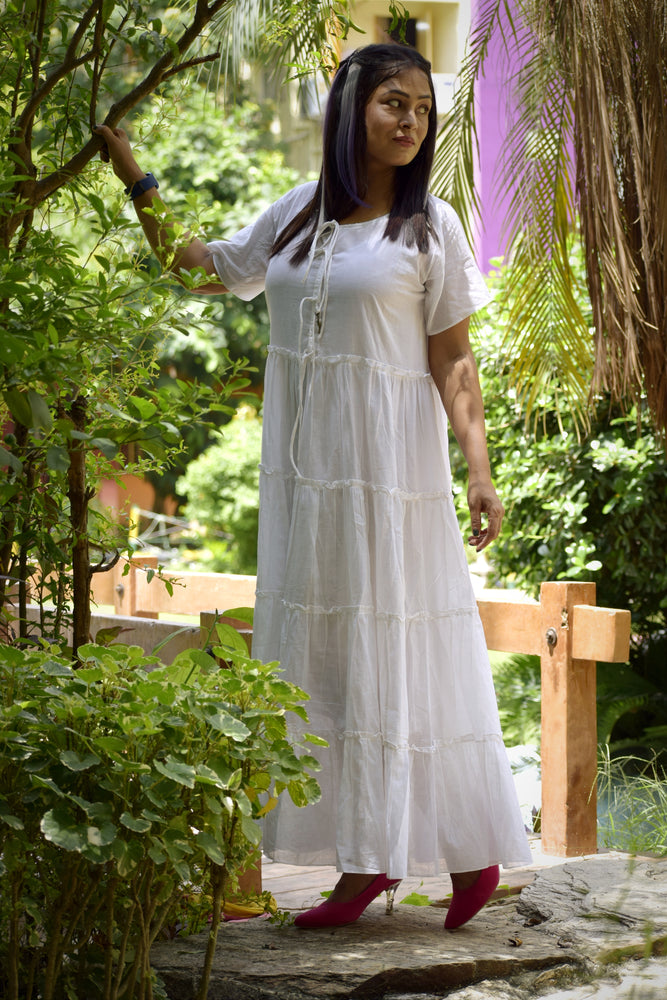 
                  
                    SUNDOWNERS COURSE -Magnificent handcrafted Long Boho Styled Designer Dress in Premium Muslin Cotton ,Limited Edition White Dress for Summer.
                  
                