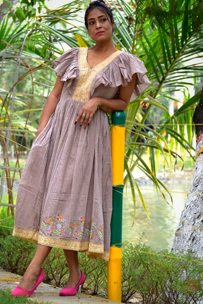 
                  
                    SANTORINI – Solid Ruffled Blouson Midi Dress with V Neck & Short Flared Sleeves with graceful Lace detailing.
                  
                