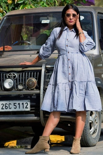 
                  
                    SALSA VIBES- Multi Tiered Linen Cotton Flared Semi Casual Summer Dress with Handcrafted Horn Buttons,Pleated Swirling Frills.
                  
                