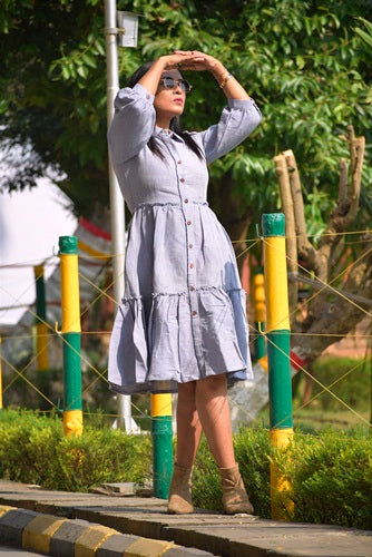 
                  
                    SALSA VIBES- Multi Tiered Linen Cotton Flared Semi Casual Summer Dress with Handcrafted Horn Buttons,Pleated Swirling Frills.
                  
                