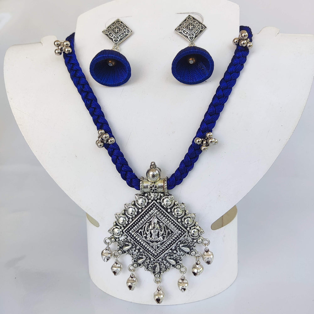 Royal blue braided silk thread necklace set