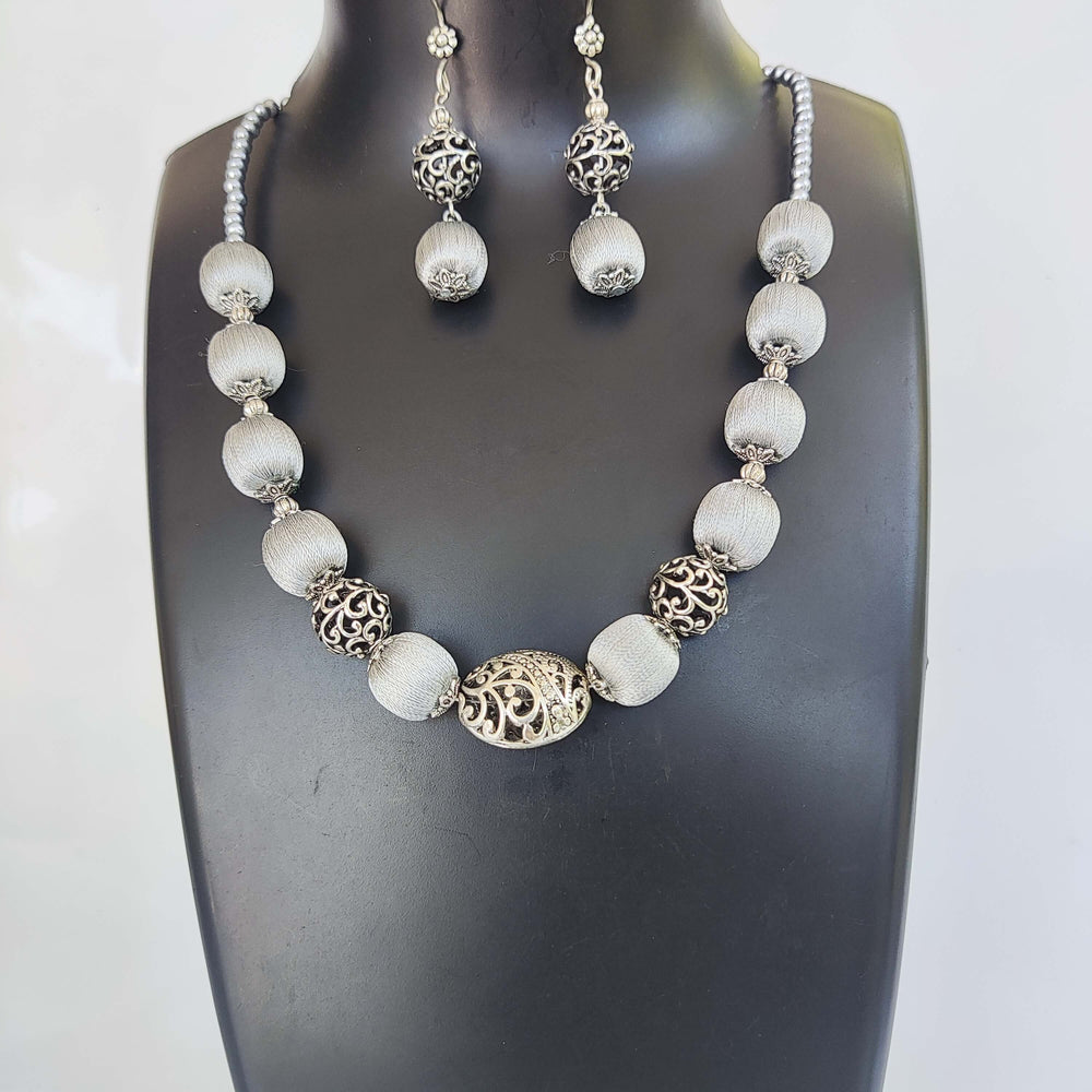 Grey beaded silk thred necklace