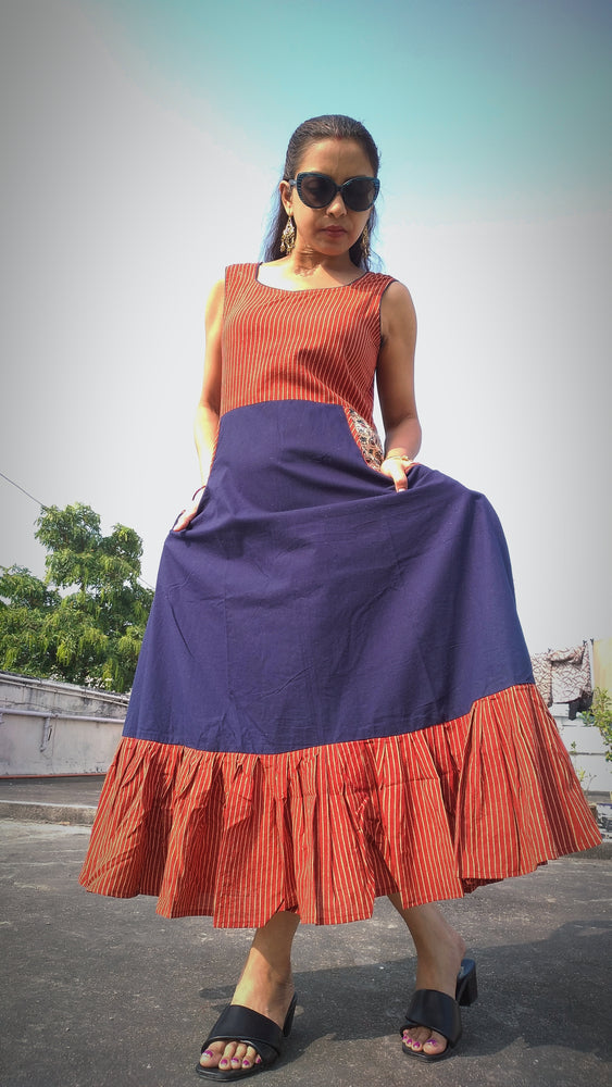 
                  
                    ZARANJ- Slim fit, Sleeveless One-Piece Free Flow Frilled A Line Dress with side pockets and round Neck
                  
                
