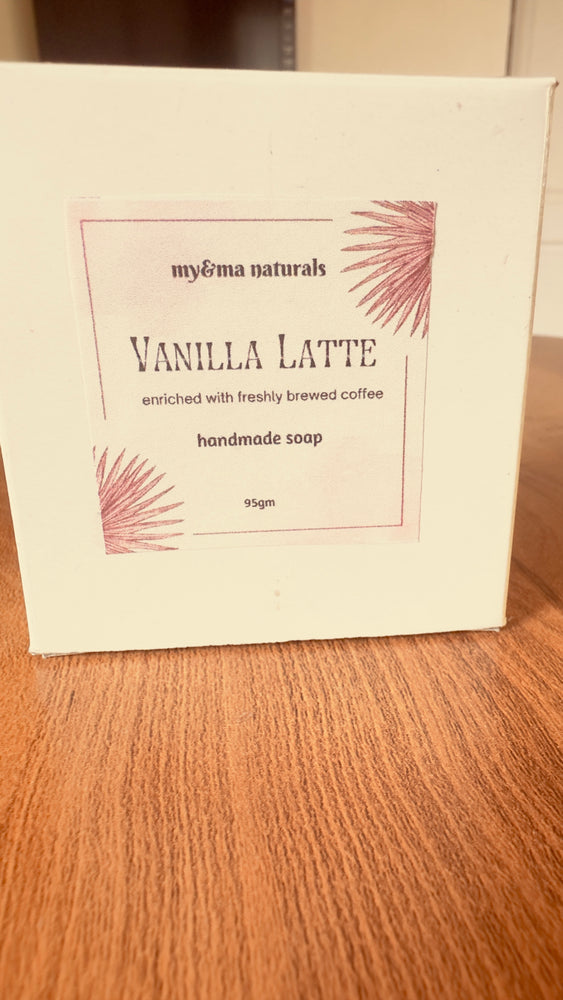 My&Ma Vanilla Latte Soap (95g) handmade with freshly brewed coffee and shea butter, in elegant packaging placed on a wooden surface.