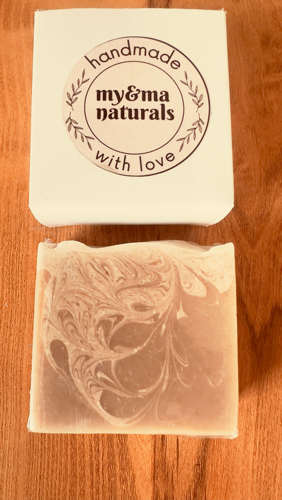 
                  
                    Handmade My & Ma Triple Butter Artisan Soap (110g) featuring natural swirled design, providing nourishment with Shea, Mango, and Kokum butters, perfect for all skin types. Packaged with love.
                  
                