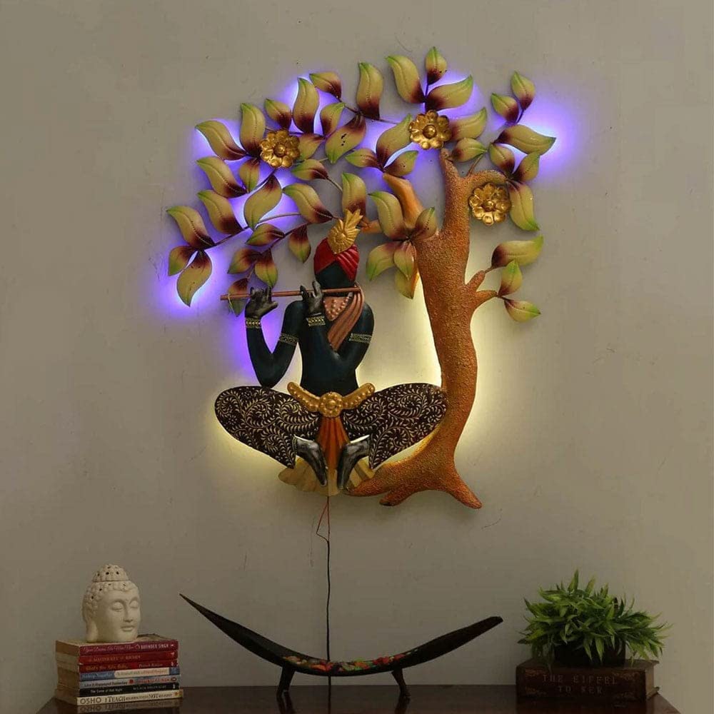 Intricately crafted Metal Krishna with LED lighting, showcasing exquisite details and vibrant colors, perfect for home, office, café, or restaurant wall decor.