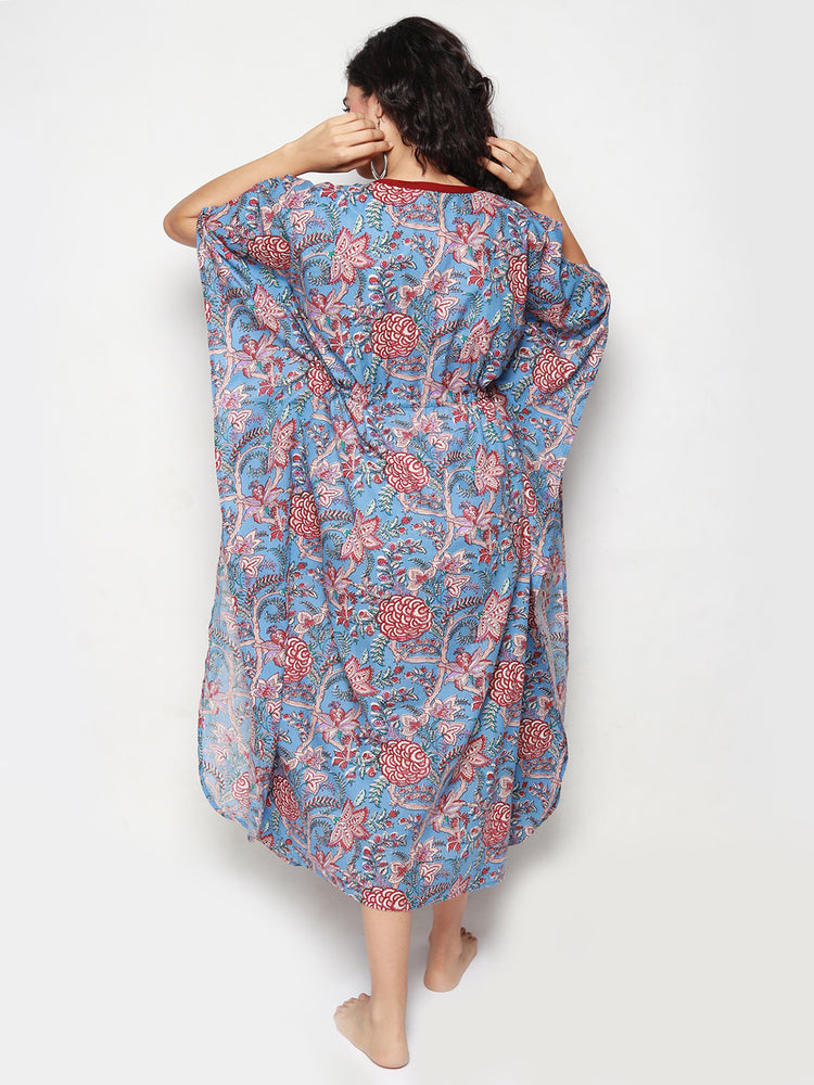 
                  
                    Blue Cotton Kaftan with Maroon Floral Print
                  
                