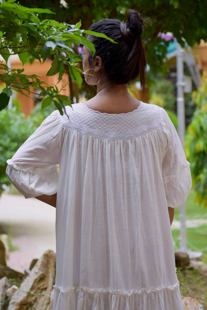 SIROCCO -Handwoven Muslin Cotton Flared & Embroidered Casual Wear / Summer Dress / Party Wear /Long Boho White Dress.