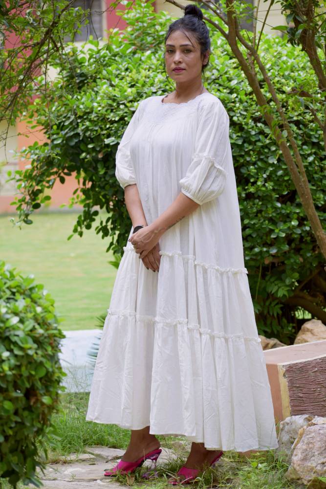 
                  
                    SIROCCO -Handwoven Muslin Cotton Flared & Embroidered Casual Wear / Summer Dress / Party Wear /Long Boho White Dress.
                  
                