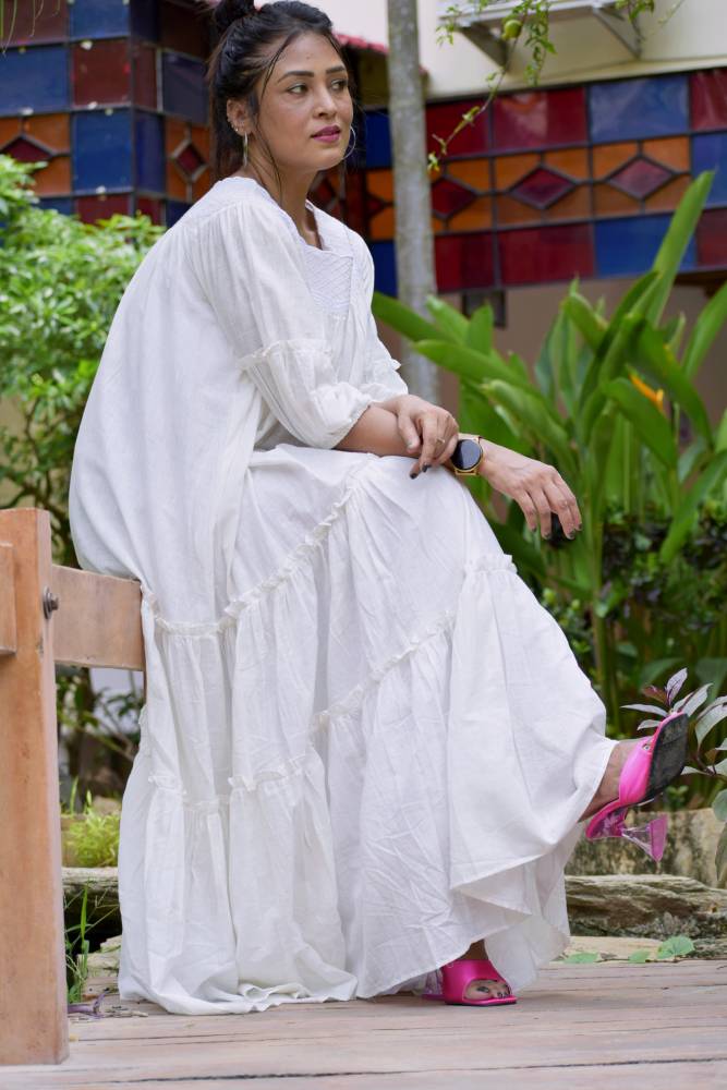 
                  
                    SIROCCO -Handwoven Muslin Cotton Flared & Embroidered Casual Wear / Summer Dress / Party Wear /Long Boho White Dress.
                  
                