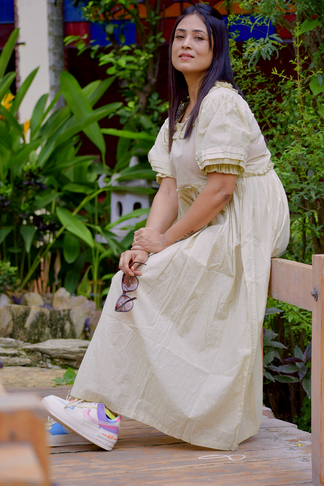 
                  
                    VICTORIAN MASQUERADE II – Puff-Sleeve Pin tuck Casual Wear / Summer Dress / Party Wear Ruffle Sleeves Dress in Cotton .
                  
                