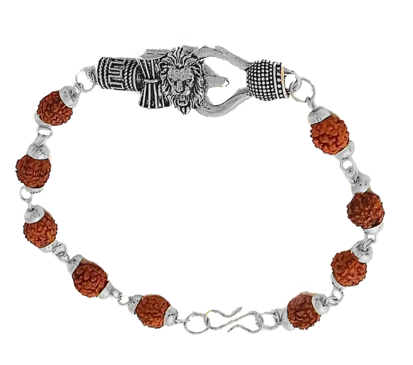 Lion Face Plate Bracelets with Rudraksh Silver Color