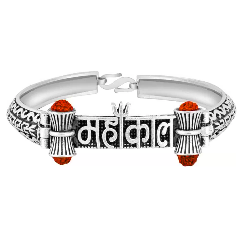 Lord Shiva Mahakal Name Plate Kada with Rudraksh Silver Color